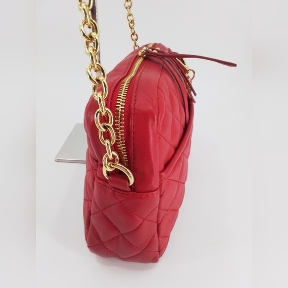 ISAAC Mizrahi RED Quilted Leather Crossbody Handbag Tan Chain Strap Shoulder Bag - Picture 4 of 13